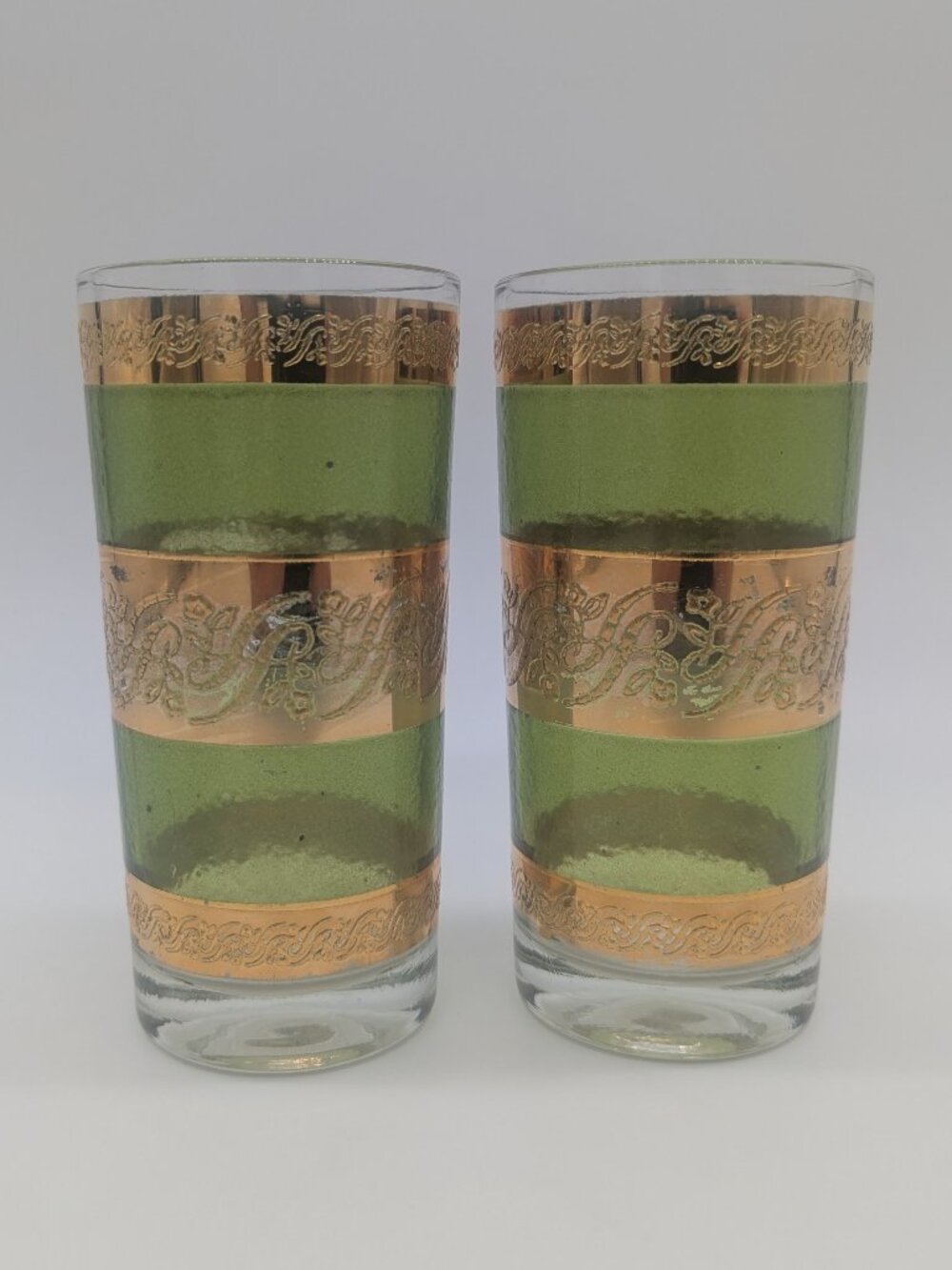 Vintage Culver Starlyte Green and Gold Band Highball Glasses Wear Scuffing Mark